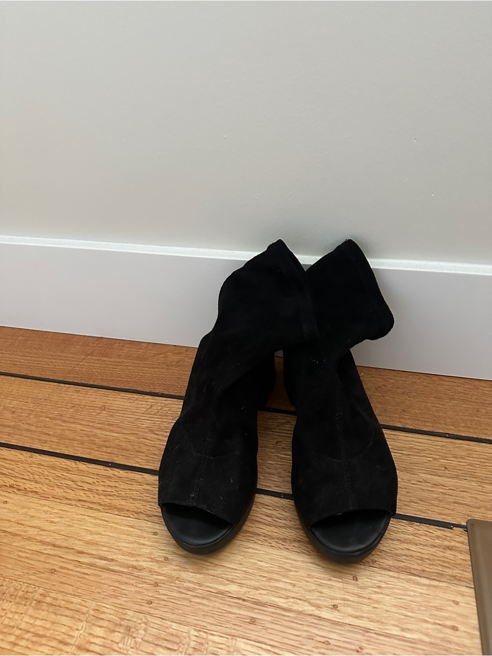 Topshop Black Suede Peep-Toe Ankle Boots
